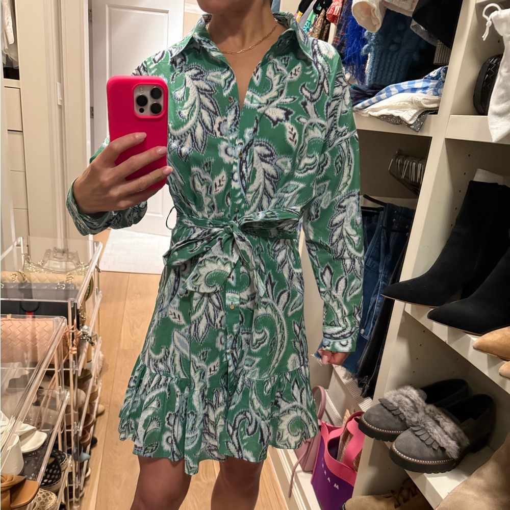 Zara Green White and Blue Patterned Women's Midi Long Sleeve Dress